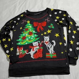Christmas T-Shirt Medium Kitty Cats Christmas Tree Candy Canes Bow Black w/Stars
